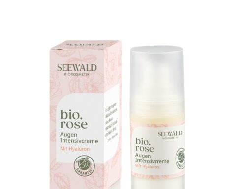 SEEWALD bio.rose Augen Intensivcreme mit Hyaluron, Spenderflasche und Umverpackung mit weißem Etikett