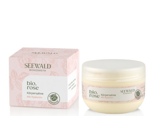 Dose SEEWALD bio.rose Körpersahne mit Hyaluron und rosa Verpackung